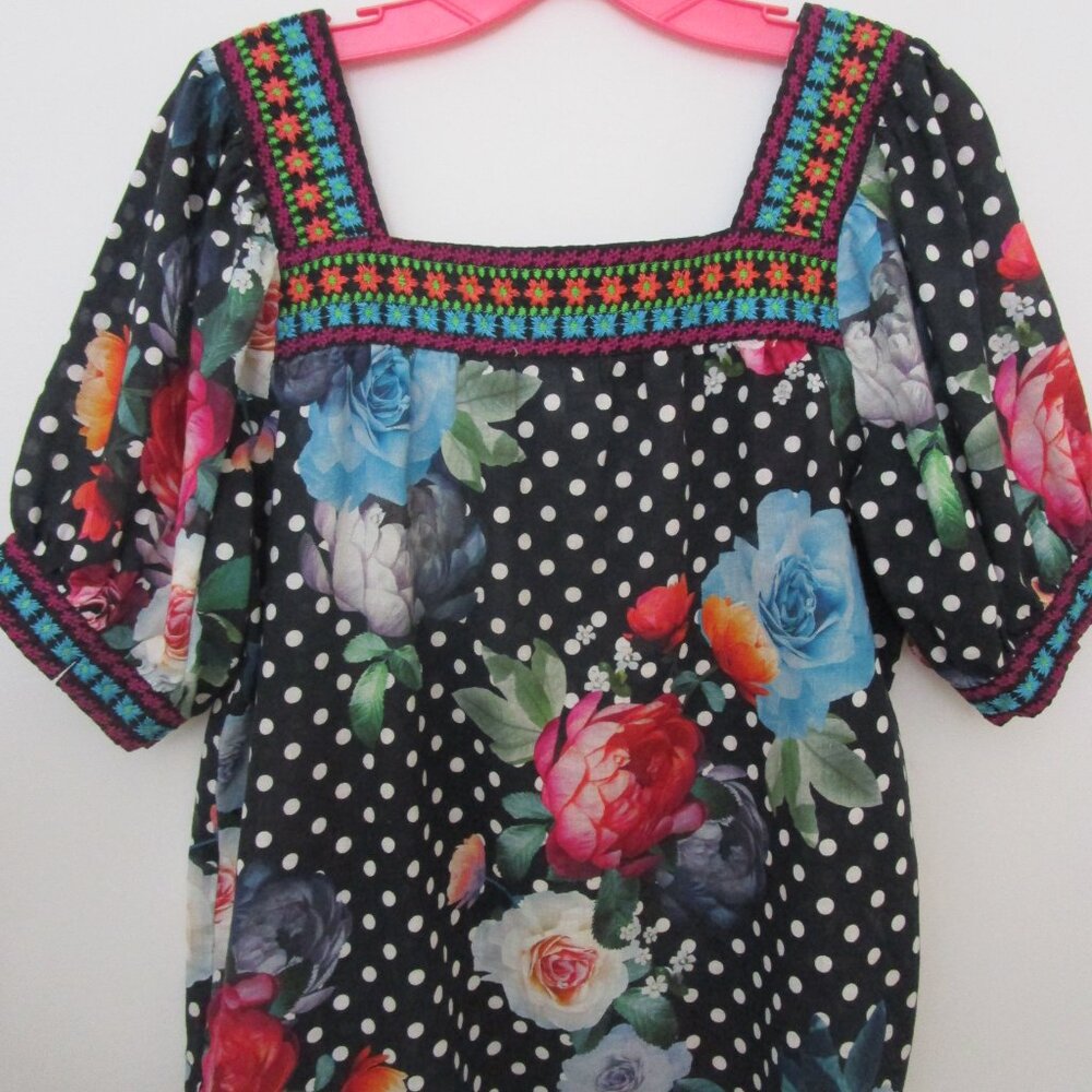 Smock Top Blouse Bohemian Square Neck Embroidery Floral Polka Dots